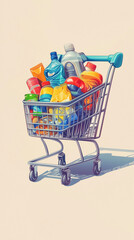 Shopping cart full of products in colorful illustration style.