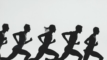 Obraz premium People running in a race, silhouettes against a white background, wide-angle view, side profile, black and white aesthetic