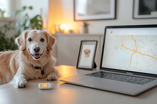 Pet GPS tracker. Adorable dog near tracker on table, laptop screen showing pet tracking program.