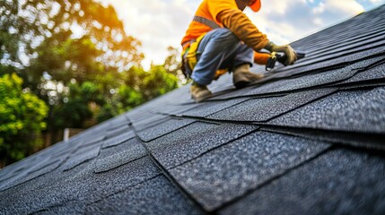 Close-up of a roofer working on a new asphalt shingle roof