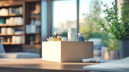 A cardboard box filled with medical supplies sits on a wooden table in a bright home interior filled with greenery and sunlight