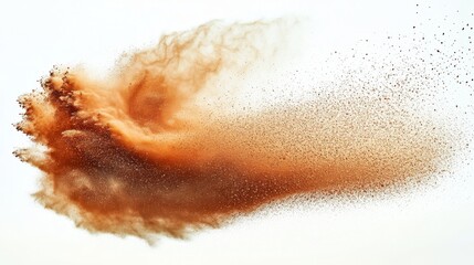 Fototapeta premium A cloud of brown dust and particles dispersing in mid-air against a white background