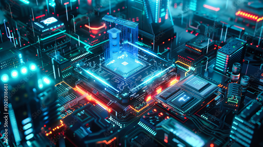 Poster aerial view of a futuristic ai chip with a holographic interface amongst advanced circuits and build