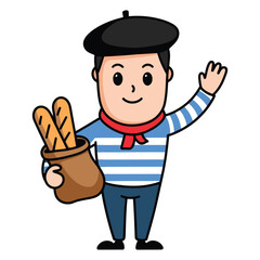 French man cartoon character with baguettes and waving illustration