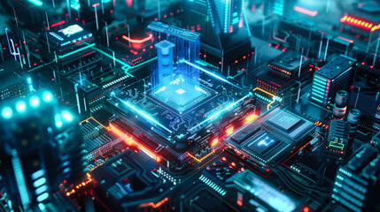 Aerial view of a futuristic AI chip with a holographic interface amongst advanced circuits and buildings illuminated by dynamic lighting at dusk