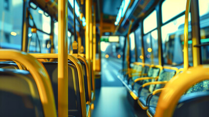 Fototapeta premium Interior of a bright yellow city bus showcasing empty seats on a sunny day along a bustling street, captured with a wide-angle lens for a realistic view