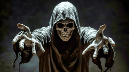 Fototapeta premium Creepy hooded skeleton with outstretched hands hauntingly approaches against a dark background in a close-up view