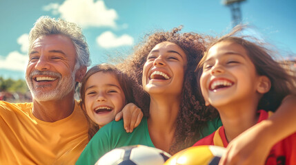 A joyful South American family celebrates together, sharing laughter and enthusiasm as they support their favorite soccer team at a vibrant match