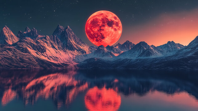 Red Moon Rising Over Mountains: A red moon rising over mountains in front of a mountain lake.