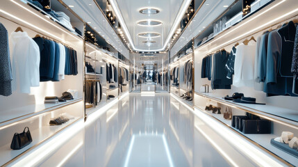 Explore a luxurious fashion store showcasing designer clothing and accessories in a sleek and shiny modern setting designed for style enthusiasts