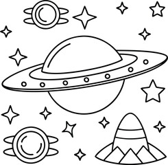 UFO is flying over a planet with rings. There are stars and other planets in the background