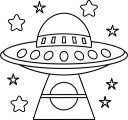 coloring page for kids featuring a cute UFO surrounded by stars