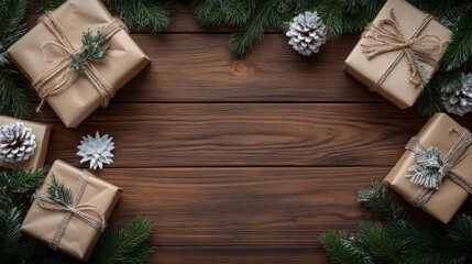 Elegant composition of new year and christmas gifts arranged on a rustic brown wooden background, perfect for celebrating the holiday season with festive cheer and joyful decorations.


