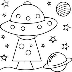 A UFO is landing on a planet with rings. There are stars and other planets in the background