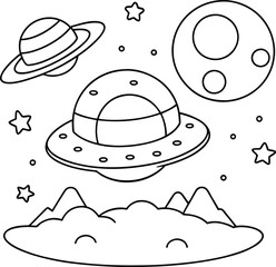 UFO is hovering over a planet with mountains. stars  moon and another planet in the background