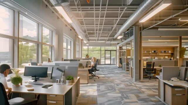 A contemporary office space with an open layout featuring low cubicle walls and natural light streaming in, An open office layout with low cubicle walls and collaborative work spaces