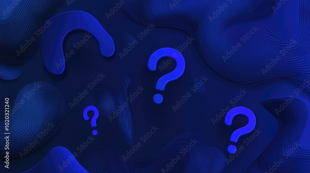 Poster question mark icons in different sizes on a deep blue background, creating an abstract design that s