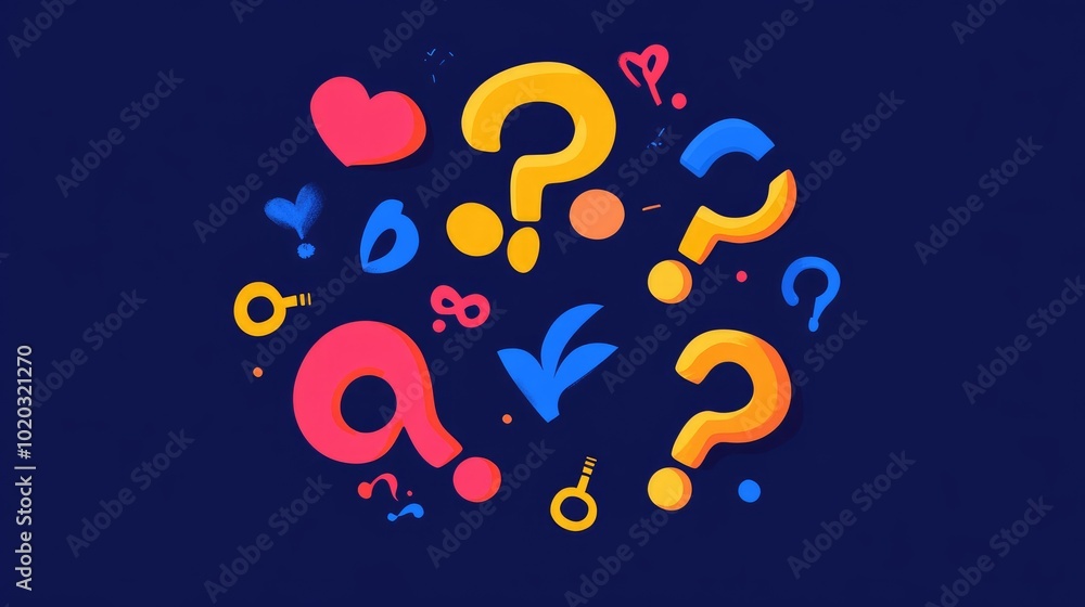 Poster question mark icons in different sizes on a deep blue background, creating an abstract design that s