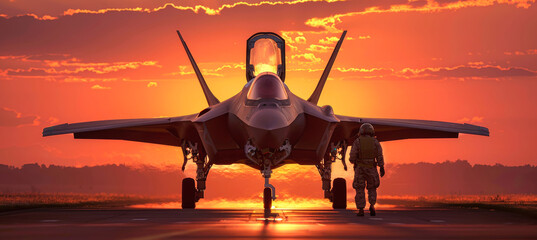 A military fighter jet on the runway at sunset with two soldiers in silhouette, showcasing sleek design and striking colors in the evening light
