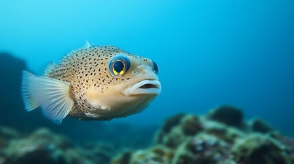 Obraz premium A close-up of a pufferfish swimming in clear blue water near coral reefs.