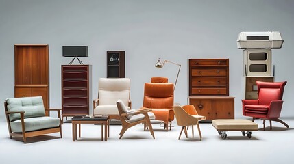 Fototapeta premium A collection of vintage mid-century modern furniture arranged in a white studio setting.