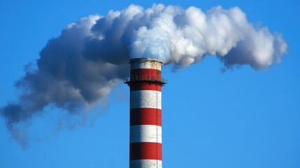Red and white-striped smokestack releasing dense gray smoke, bright blue sky backdrop, environmental impact focus