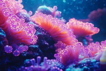 Obraz premium 3D Coral Reef, Neon accents and shimmering reef Background Wallpaper