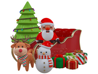 Merry Christmas and Happy New Year. Christmas tree with Santa, reindeer, snowman and gifts. Realistic cute 3D characters design perfect for banner, web poster, ads, holiday greetings and decorations