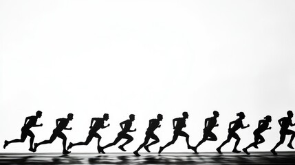Running silhouettes against a white backdrop, side view of people racing, black and white photography, wide-angle