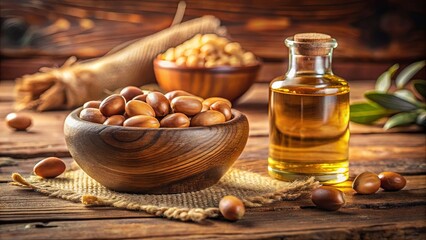 A Rustic Still Life of Golden Oil in a Glass Bottle, a Wooden Bowl Filled with Brown Nuts, and a Sprig of Green Leaves on a Weathered Wooden Table