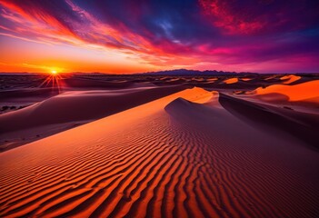 Naklejka premium stunning vivid sunset illuminating expansive dunes highlighting textured shadows captivating landscape image, sky, cloud, color, evening, horizon, sand