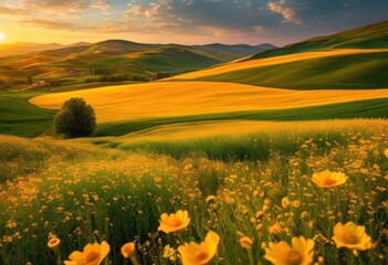 Obraz premium breathtaking patterns vibrant fields bathed golden light during sunrise over vast landscapes, aesthetic, agriculture, backdrop, beauty, blooms, bright