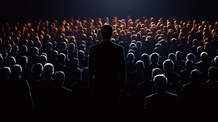 Fototapeta premium Silhouetted business leaders in front of a conceptual black background, large crowd in the foreground, focus on influence