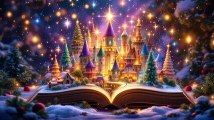 Enchanting castle emerges from an illuminated storybook, set in a magical winter wonderland under a starlit sky.