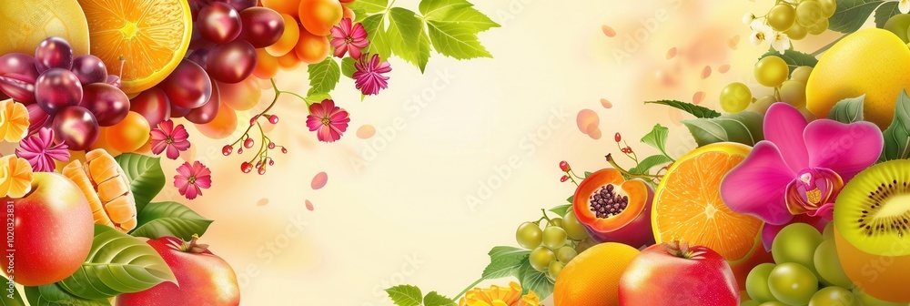 Poster Fresh fruits and bright flowers are artfully arranged, creating a lively and inviting backdrop perfect for any occasion. Generative AI