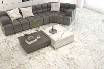 Fototapeta premium Bright living room interior with panoramic window with countryside view, grey large sofa, armchair, coffee table, lamp and glossy marble floor. Concept of minimalist design for chill. 3D Rendering