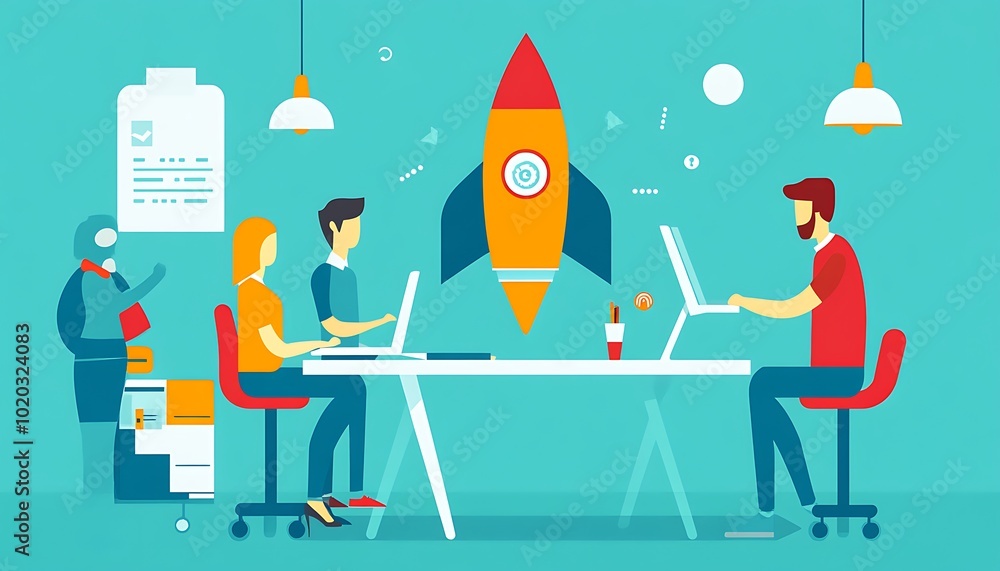 Poster team of four working on a project with a rocket symbol