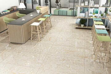 Cozy interior of restaurant with beige marble and marble counter with wooden Comfortable modern dining space, hanging lamp and other aesthetically pleasing contemporary design elements. 3D Rendering