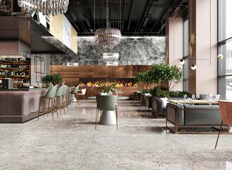 Light cafeteria interior with chairs and table in row, cooking zone with bar counter. Dining space in business building with panoramic window to city view. 3D Rendering