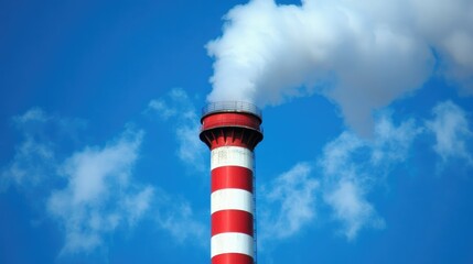 Smokestack spewing thick smoke, red and white-striped tower against a bright blue sky, pollution theme