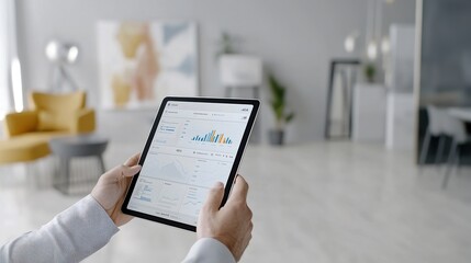 Close-up of a professional professional holding a tablet in a futuristic office environment. The screen displays a dynamic graphic interface showcasing data analytics. The background consists of