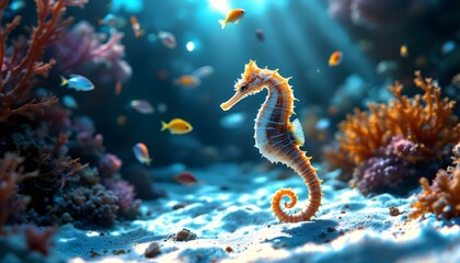 Photorealistic Seahorse Swimming in the Ocean Among Fish with Sunlight Streaming Through Water
