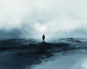 Lone Figure in Conceptual Art Landscape
