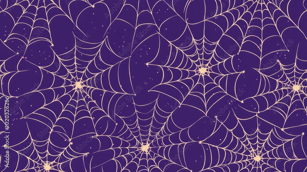 Poster spider web patterns in a flat style on a deep purple background, halloween decoration element with a