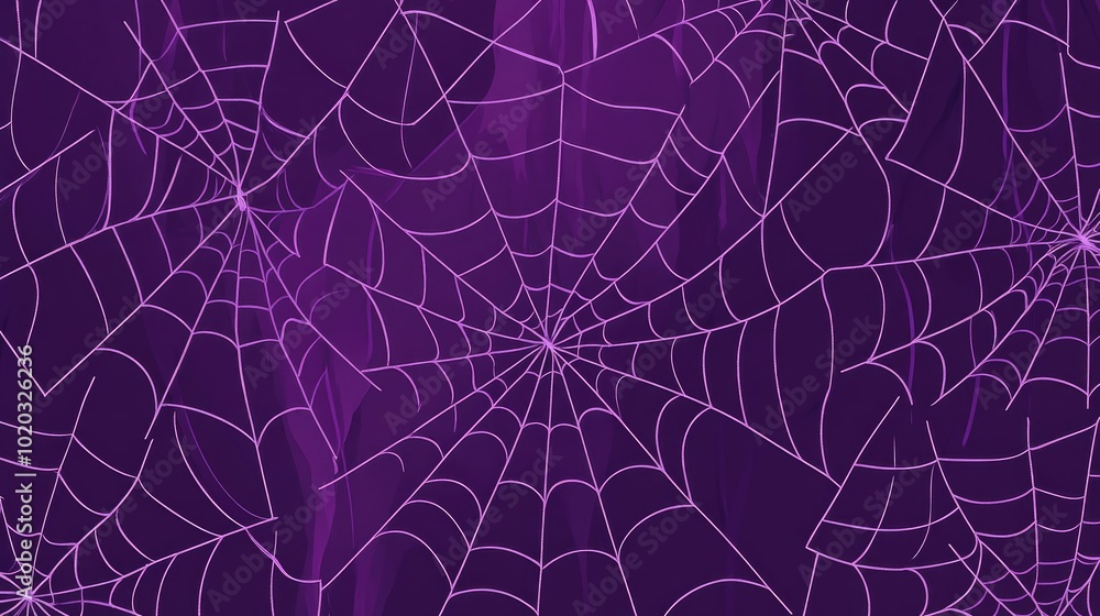 Poster spider web patterns in a flat style on a deep purple background, halloween decoration element with a
