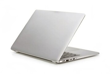 Rear view of a silver laptop isolated on a clean white background.