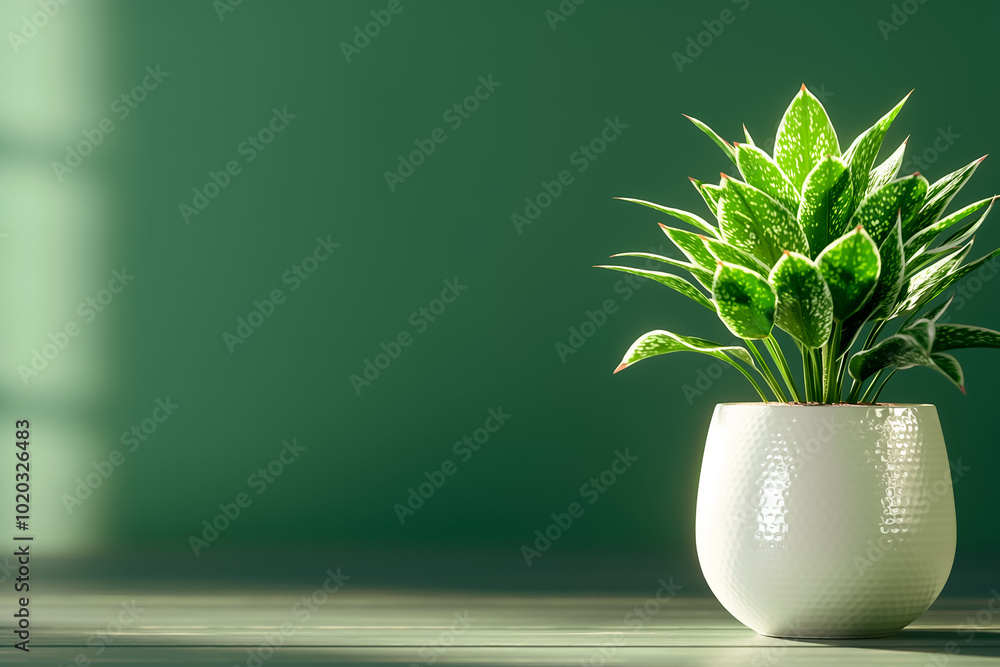 Wall mural An enchanting indoor plant thrives in a stylish white pot, contrasting beautifully against a deep black background, highlighting its lush green leaves