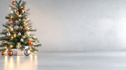 A sophisticated holiday-themed advertisement poster featuring twinkling lights and a beautifully decorated Christmas tree. The deep depth of field captures the dazzling lights in the background while