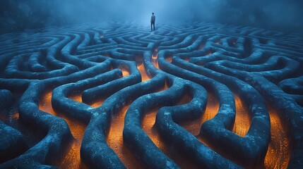 A Person Standing in a Glowing Maze on a Foggy Evening, Contemplating Their Path Forward