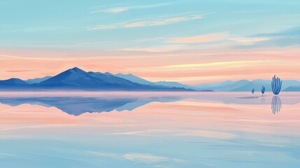 Minimalistic landscape of a serene lake with mountains and cacti reflected in calm waters, painted in soft pastel hues of blue and pink. AI generative.